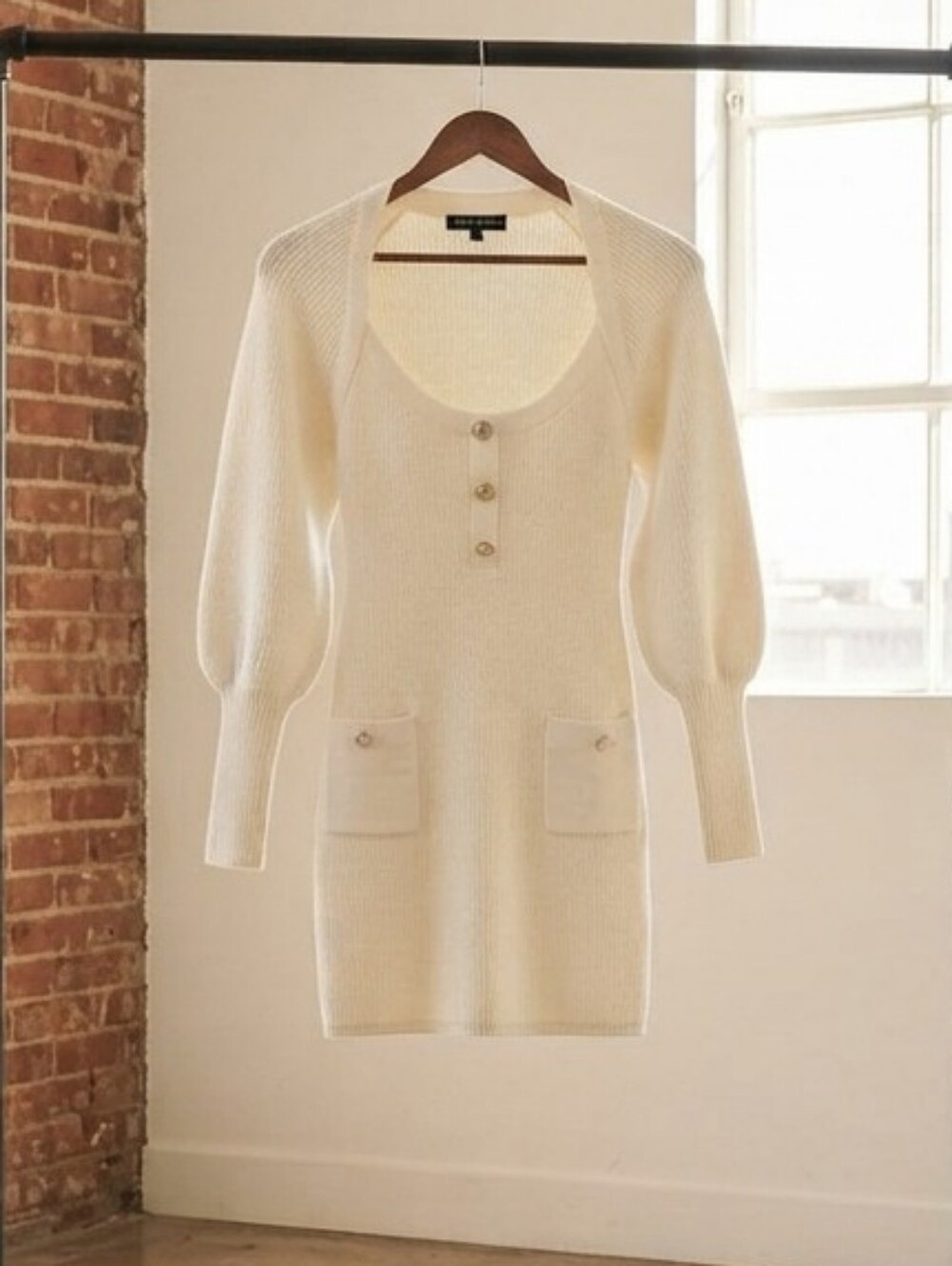 Express Cream Knit Midi Dress with Puff Sleeves